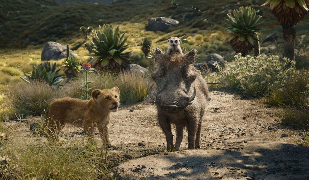 Imagen de la película remake El Rey León en su versión 2019 (Simba, Timón y Pumba)