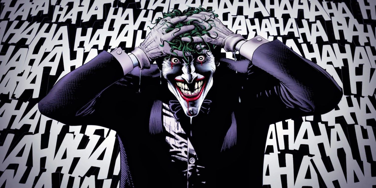 El Joker aparece centrado en la imagen, se lleva las manos a la cabeza, detrás suyo, aparecen en blanco sobre negro unas letras que vienen a representar la risa que el personaje está experimentando en ese momento